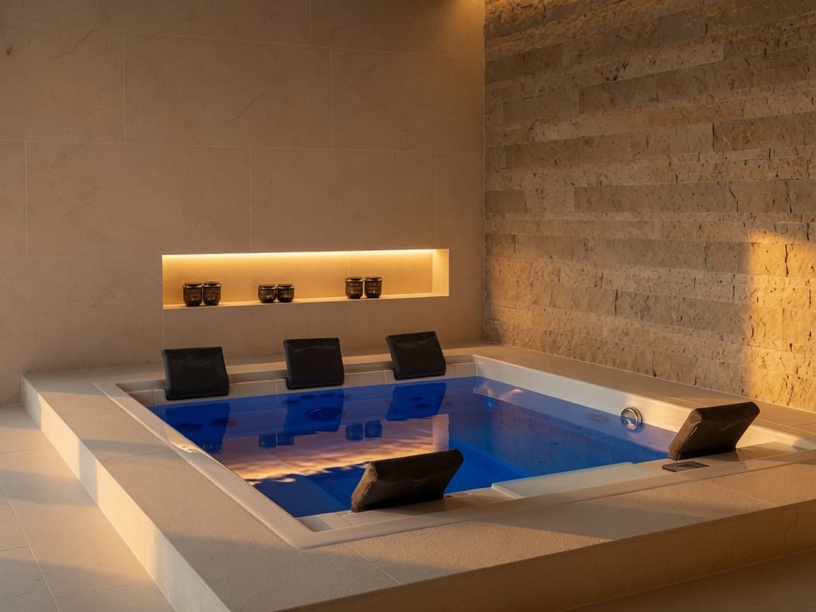 Modern indoor Jacuzzi with built-in seating by BAB ALFIZA UAE