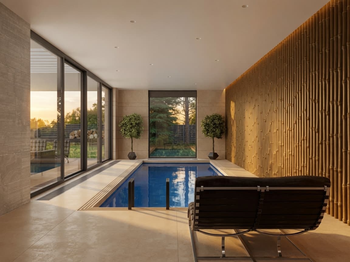 Modern indoor villa swimming pool with wooden feature wall by BAB ALFIZA UAE
