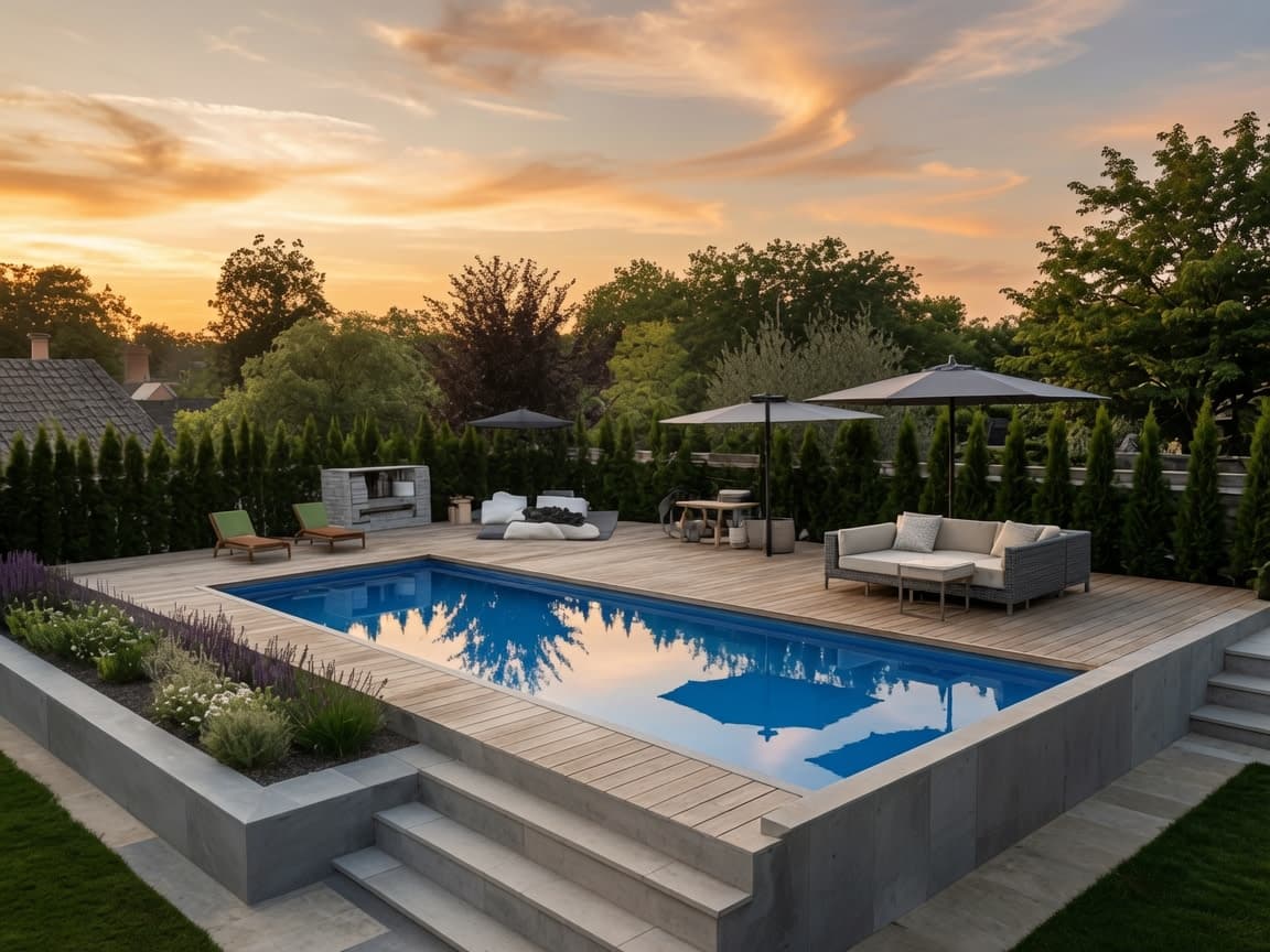 Modern outdoor villa swimming pool with wooden deck by BAB ALFIZA UAE